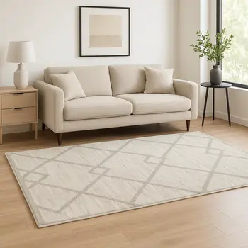 5' X 8' Ivory And Grey Geometric Shag Power Loom Stain Resistant Area Rug