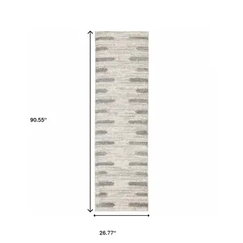 2' X 8' Ivory And Grey Geometric Shag Power Loom Stain Resistant Runner Rug
