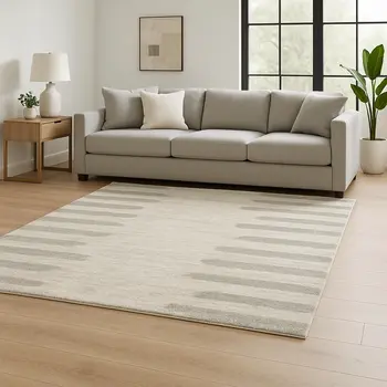 6' X 9' Ivory And Grey Geometric Shag Power Loom Stain Resistant Area Rug
