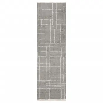 2' X 8' Grey And Ivory Geometric Shag Power Loom Stain Resistant Runner Rug