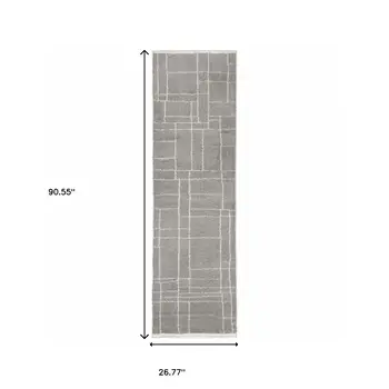 2' X 8' Grey And Ivory Geometric Shag Power Loom Stain Resistant Runner Rug