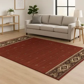 7' X 9' Red And Ivory Southwestern Area Rug