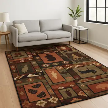 5' X 7' Brown Rust Berry Sage Green Gold And Ivory Southwestern Power Loom Stain Resistant Area Rug