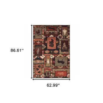 5' X 7' Brown Rust Berry Sage Green Gold And Ivory Southwestern Power Loom Stain Resistant Area Rug