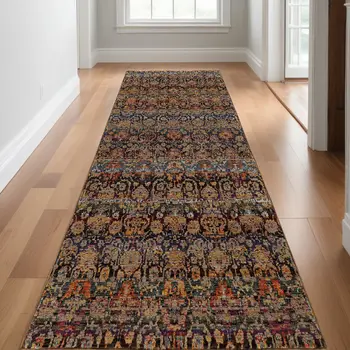 12' Black Blue And Tan Ombre Runner Rug