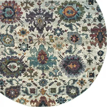 8' Purple and Gray Round Oriental Power Loom Area Rug