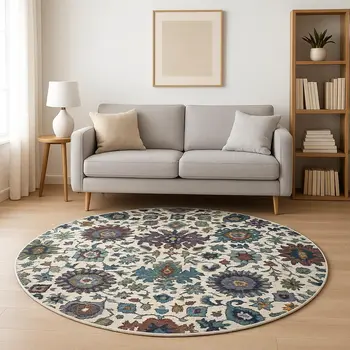 8' Purple and Gray Round Oriental Power Loom Area Rug