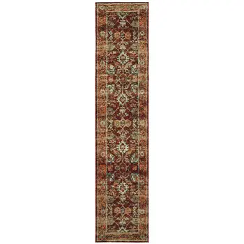 12' Red Gold And Green Oriental Runner Rug