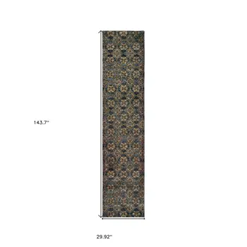 12' Blue And Gold Oriental Runner Rug