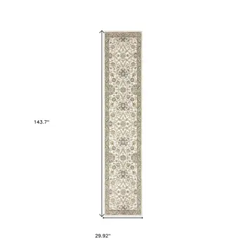 12' Gray And Ivory Oriental Runner Rug