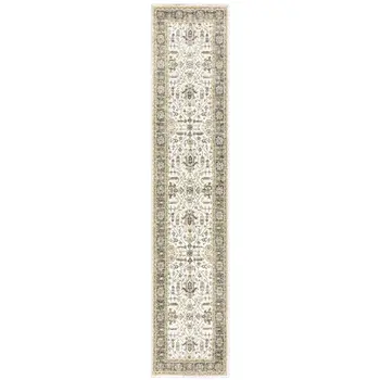 12' Ivory Gray And Blue Oriental Runner Rug
