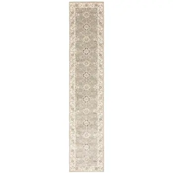 12' Gray And Ivory Oriental Runner Rug