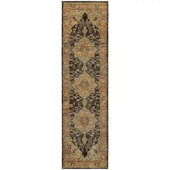 8' Black And Gold Oriental Runner Rug