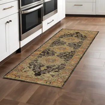8' Black And Gold Oriental Runner Rug