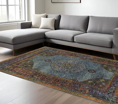 9' X 12' Blue and Beige Oriental Power Loom Area Rug