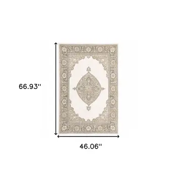 3' X 5' Beige and Ivory Oriental Power Loom Area Rug