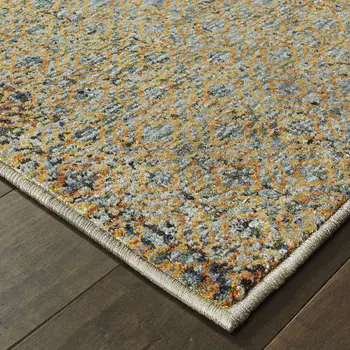 8' X 11' Blue And Gold Geometric Distressed Area Rug