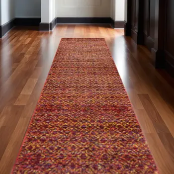 12' Red Gold And Blue Geometric Runner Rug
