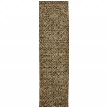 8' Green And Gold Geometric Distressed Runner Rug
