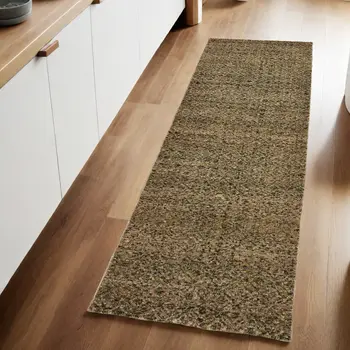 8' Green And Gold Geometric Distressed Runner Rug