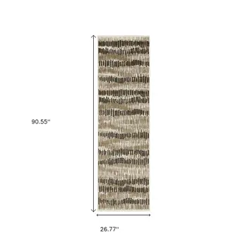 2' X 8' Beige Ivory Charcoal Brown Tan And Grey Abstract Power Loom Stain Resistant Runner Rug With Fringe