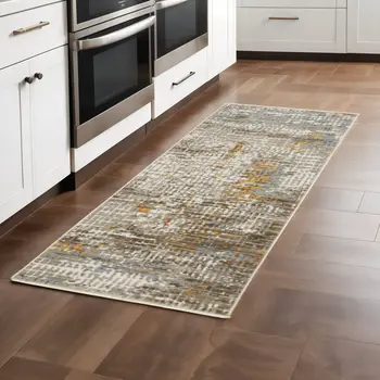 8' Beige Grey Brown Gold Red And Blue Abstract Power Loom Runner Rug With Fringe