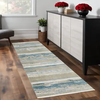8' Blue And Beige Abstract Distressed Runner Rug With Fringe