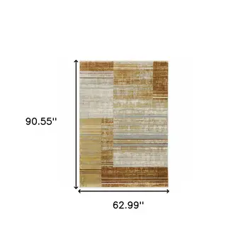 5' X 8' Rust Gold Blue Grey Ivory And Tan Geometric Power Loom Stain Resistant Area Rug With Fringe