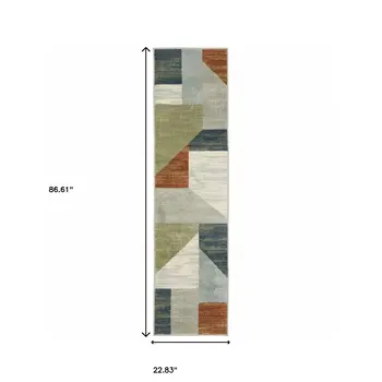 2' X 8' Grey Teal Blue Rust Green And Ivory Geometric Power Loom Stain Resistant Runner Rug