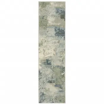 2' X 8' Blue Green Grey And Ivory Abstract Power Loom Stain Resistant Runner Rug