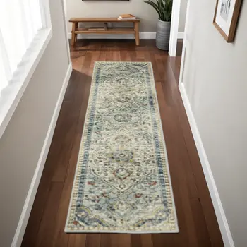 2' X 8' Blue Beige Rust Gold And Teal Oriental Power Loom Stain Resistant Runner Rug