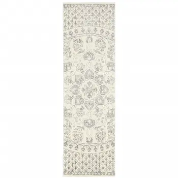 2' X 8' Ivory And Grey Floral Power Loom Stain Resistant Runner Rug