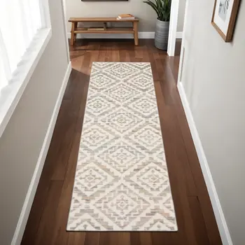 2' X 8' Grey Pink And Sage Geometric Power Loom Stain Resistant Runner Rug