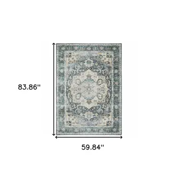 5' X 7' Blue Ivory Teal Brown And Gold Oriental Printed Stain Resistant Non Skid Area Rug
