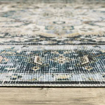 5' X 7' Blue Ivory Teal Brown And Gold Oriental Printed Stain Resistant Non Skid Area Rug