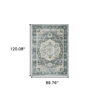 7' X 10' Blue and Ivory Oriental Non Skid Area Rug