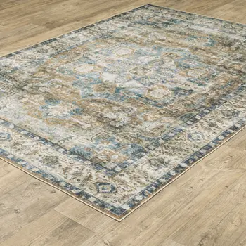 2' X 8' Blue Gold Brown Green And Salmon Oriental Printed Stain Resistant Non Skid Runner Rug