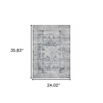 2' X 3' Gray And Ivory Oriental Printed Non Skid Area Rug