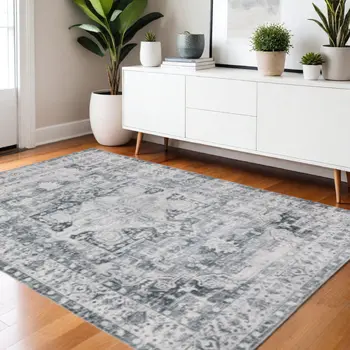 4' X 6' Navy Blue Ivory And Grey Oriental Printed Stain Resistant Non Skid Area Rug