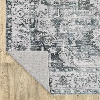 4' X 6' Navy Blue Ivory And Grey Oriental Printed Stain Resistant Non Skid Area Rug