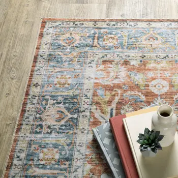 8' Rust And Blue Oriental Distressed Runner Rug