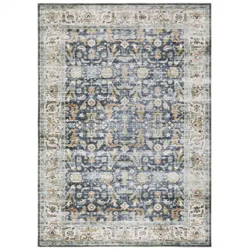 2' X 3' Blue And Gold Oriental Distressed Area Rug