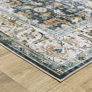 8' Blue And Gold Oriental Distressed Runner Rug