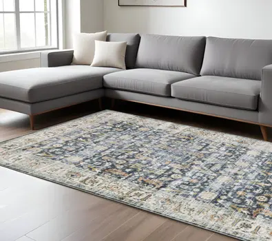 7' X 10' Blue and Ivory Oriental Non Skid Area Rug