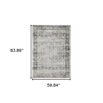 5' X 7' Charcoal Grey Salmon And Ivory Oriental Printed Stain Resistant Non Skid Area Rug