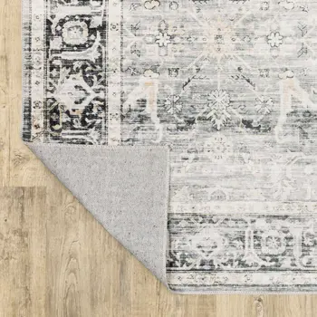 5' X 7' Charcoal Grey Salmon And Ivory Oriental Printed Stain Resistant Non Skid Area Rug