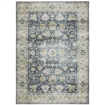 2' X 3' Blue And Gold Oriental Distressed Area Rug