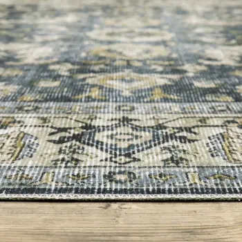 2' X 3' Blue And Gold Oriental Distressed Area Rug