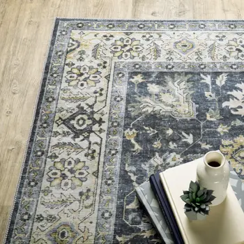 2' X 3' Blue And Gold Oriental Distressed Area Rug