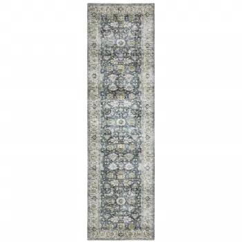8' Blue And Ivory Oriental Printed Non Skid Runner Rug